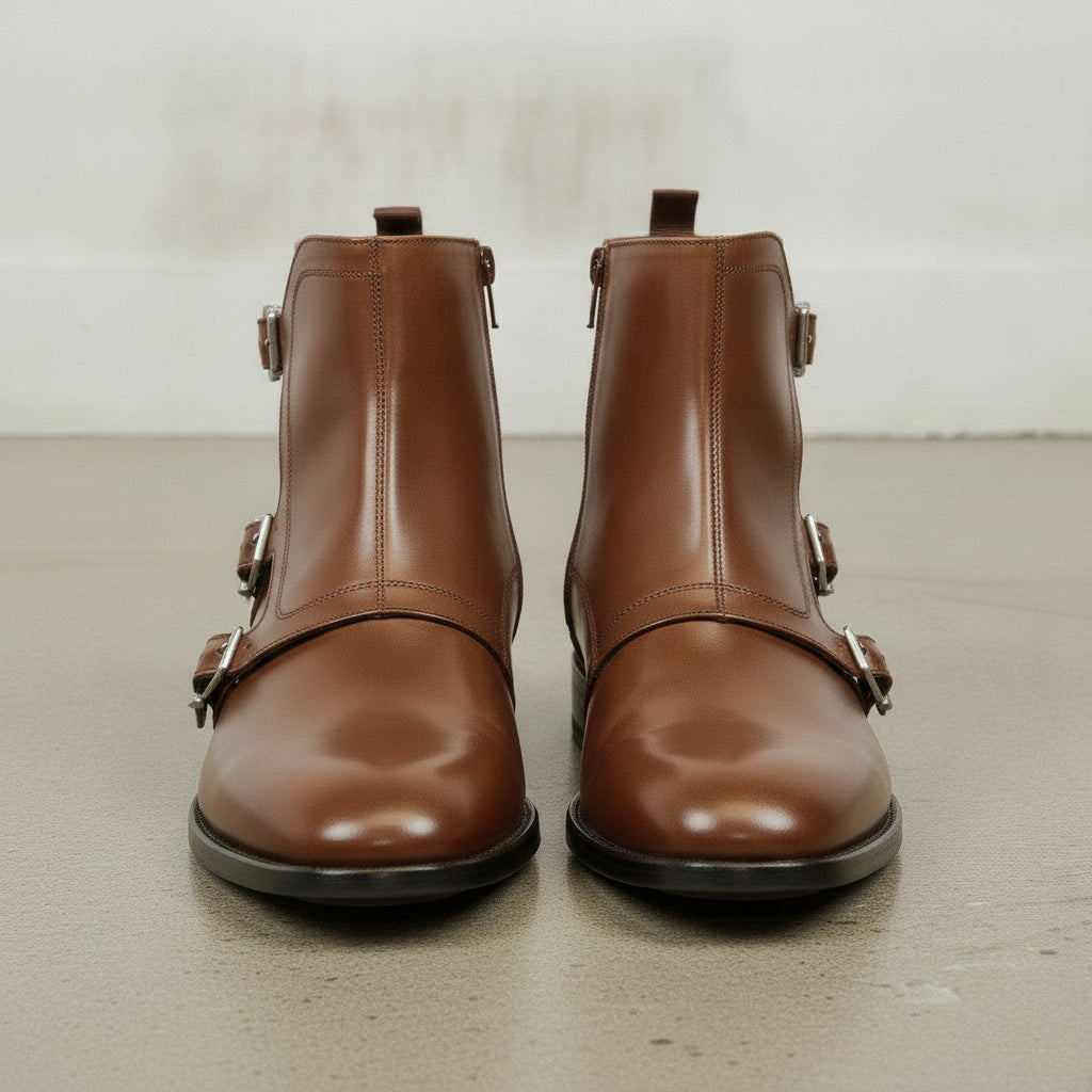 Men's Brown Plain-Toe Leather Monk Boots