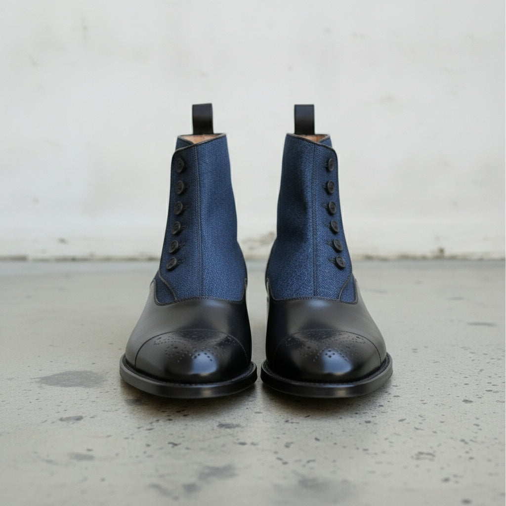 Men's Black and Blue Leather Button Boots