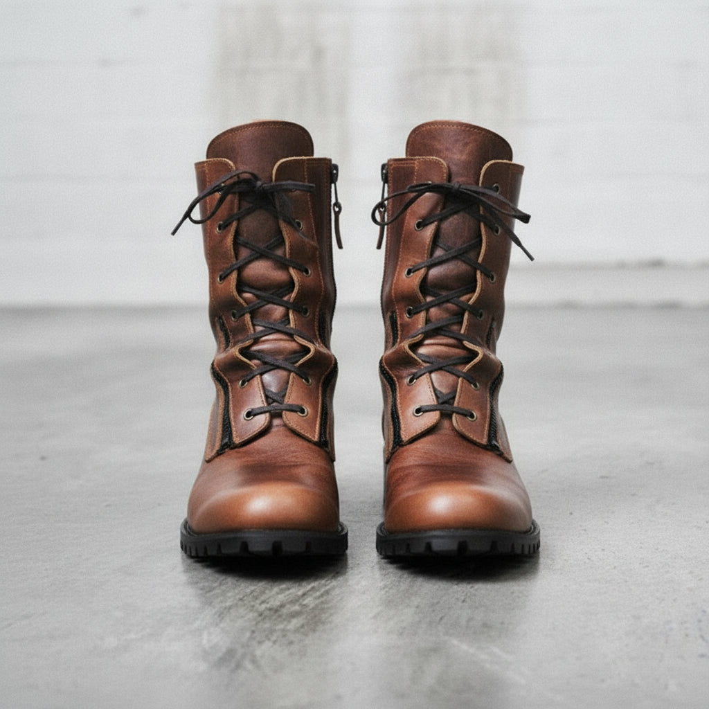Men's Brown Plain-Toe Leather Combat Boots