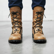 Men's Tan Plain-Toe Leather Combat Boots