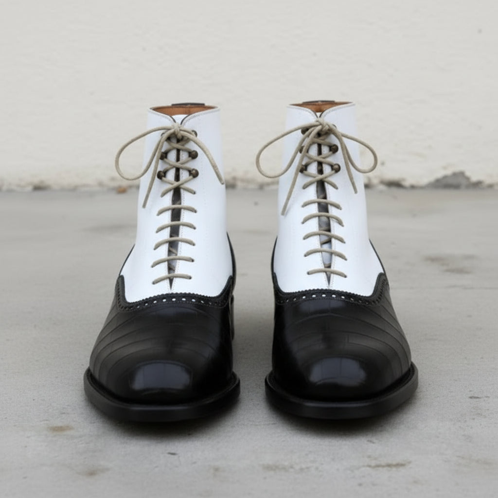 Men's White and Black Crocodile-Embossed Leather Oxford Boots