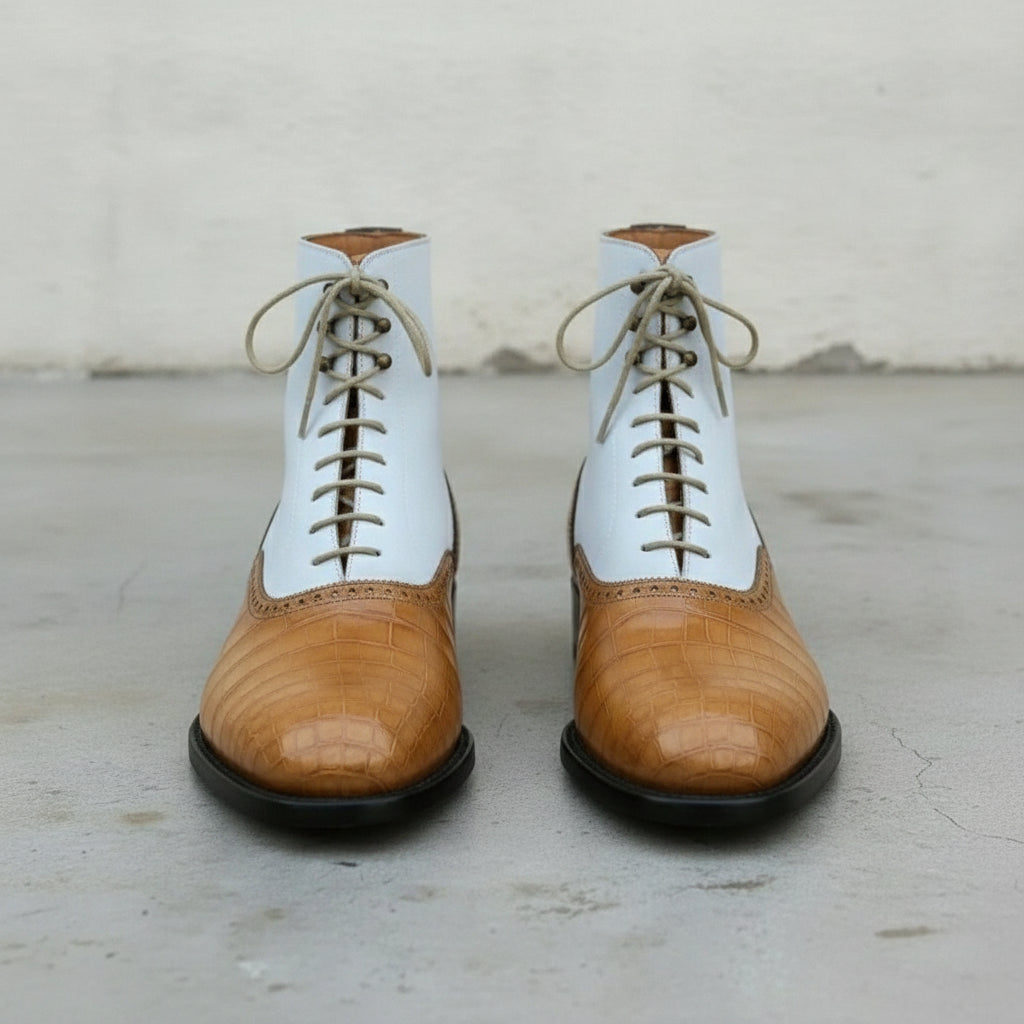 Men's White and Tan Crocodile-Embossed Leather Oxford Boots