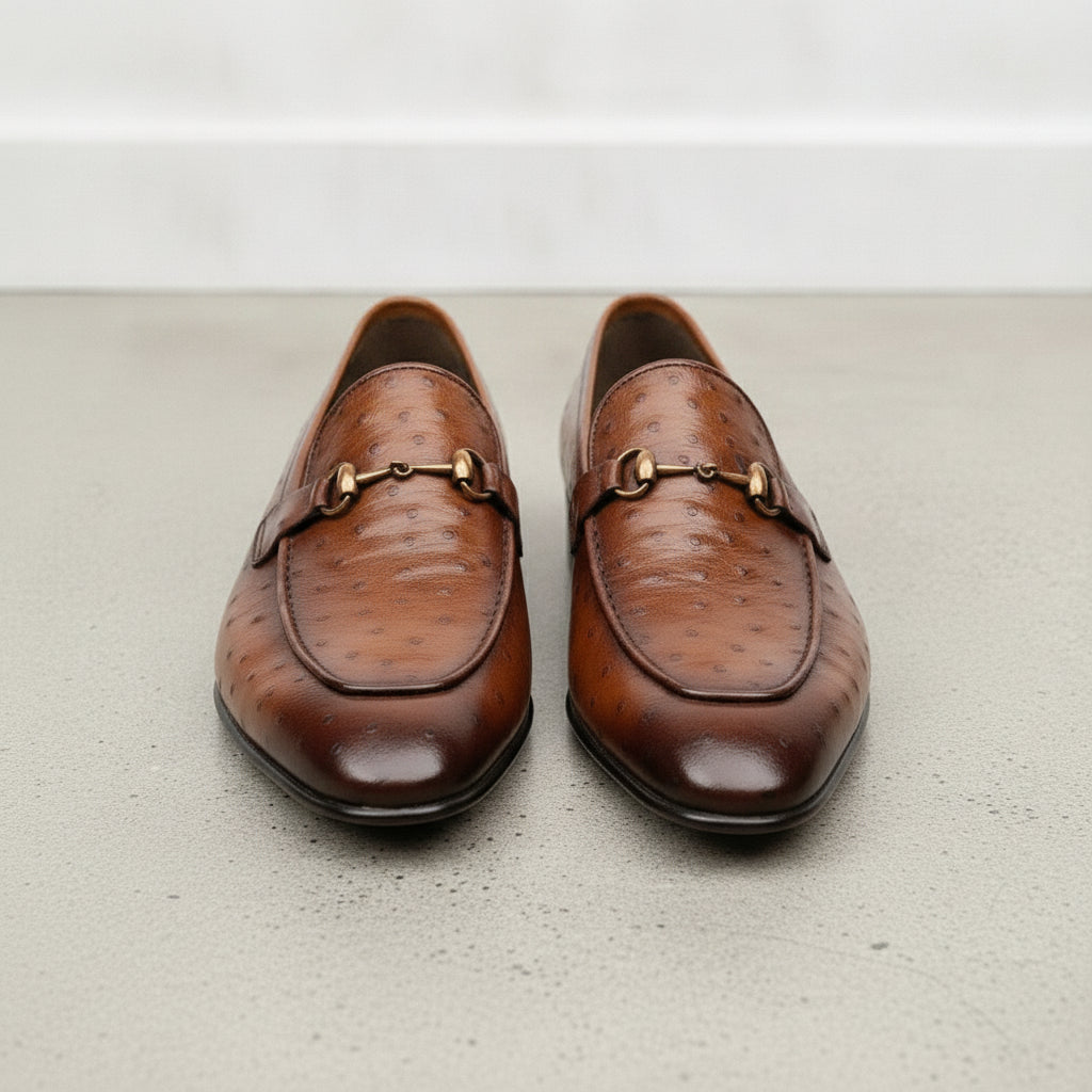 Men's Brown Ostrich-Embossed Leather Bit Loafers