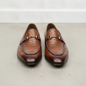 Men's Brown Ostrich-Embossed Leather Bit Loafers