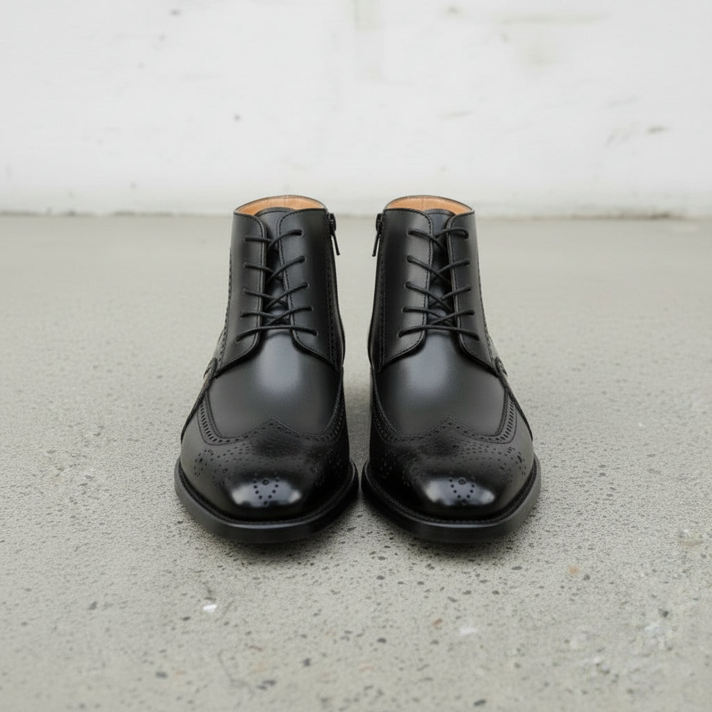 Men's Black and Tan Wingtip Leather Oxford Boots