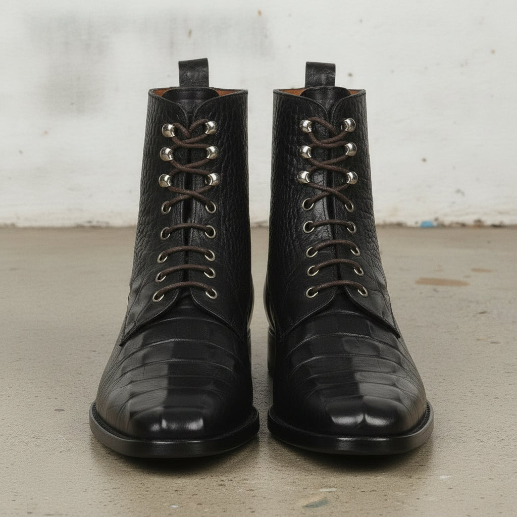 Men's Black Crocodile-Embossed Leather Ankle Boots