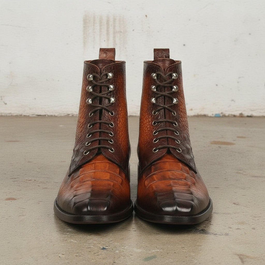 Men's Brown Crocodile-Embossed Leather Ankle Boots