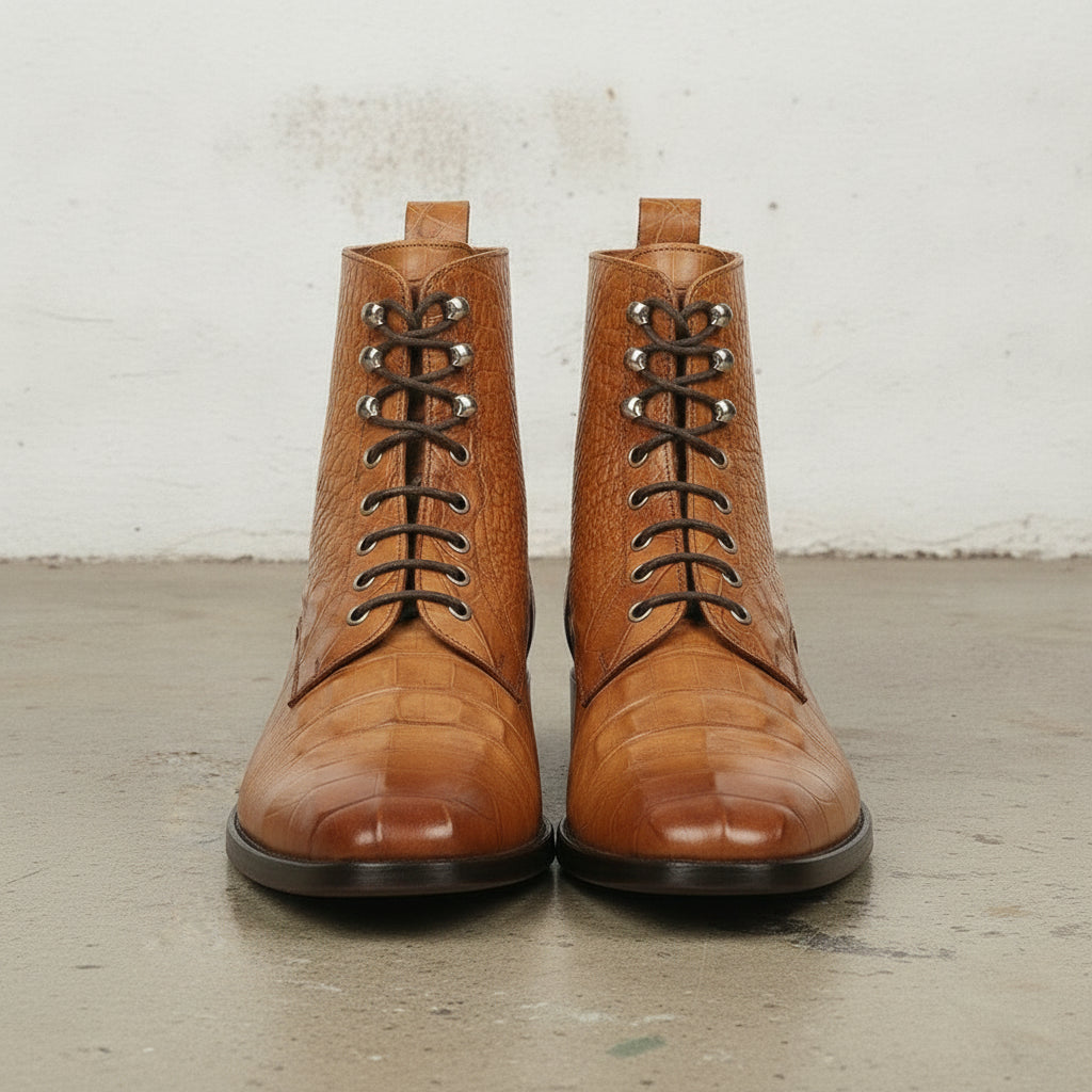 Men's Tan Crocodile-Embossed Leather Ankle Boots