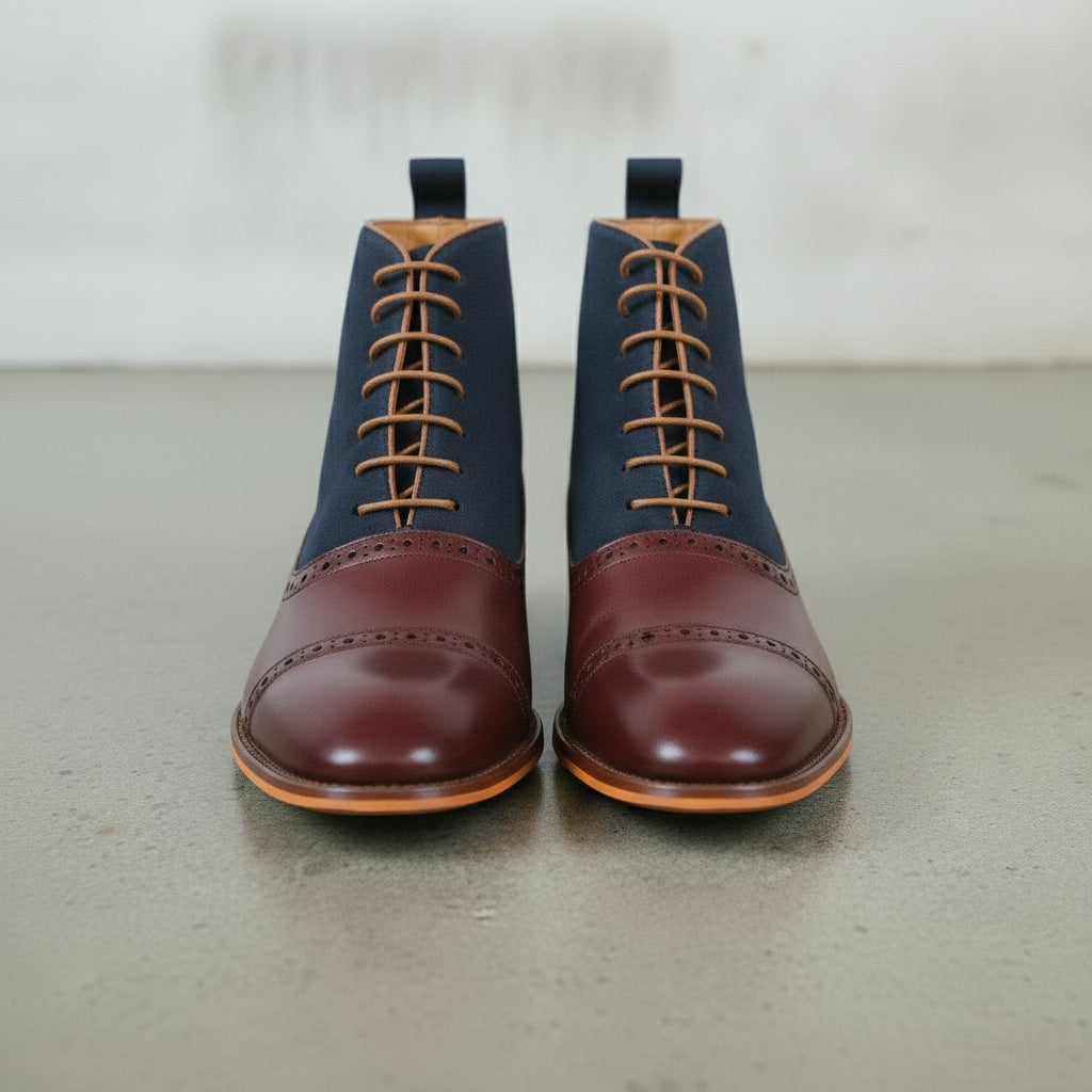 Men's Burgundy and Navy Cap-Toe Leather Oxford Boots