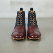 Men's Burgundy and Navy Cap-Toe Leather Oxford Boots