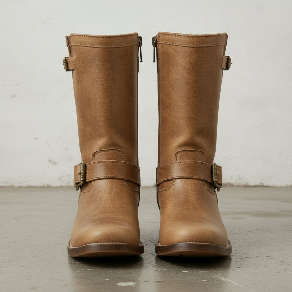 Men's Tan Plain-Toe Leather Biker Boots