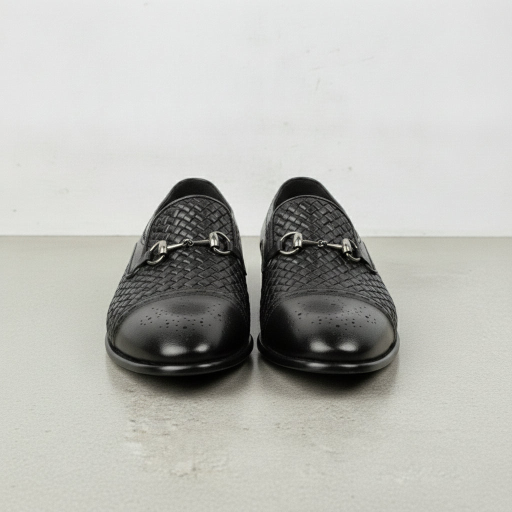 Men's Black Cap-Toe Leather Bit Loafers