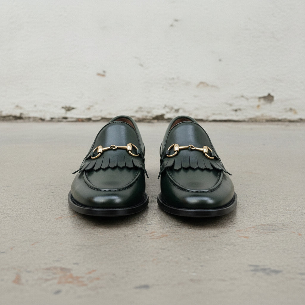 Men's Dark Green Apron-Toe Leather Bit Loafers