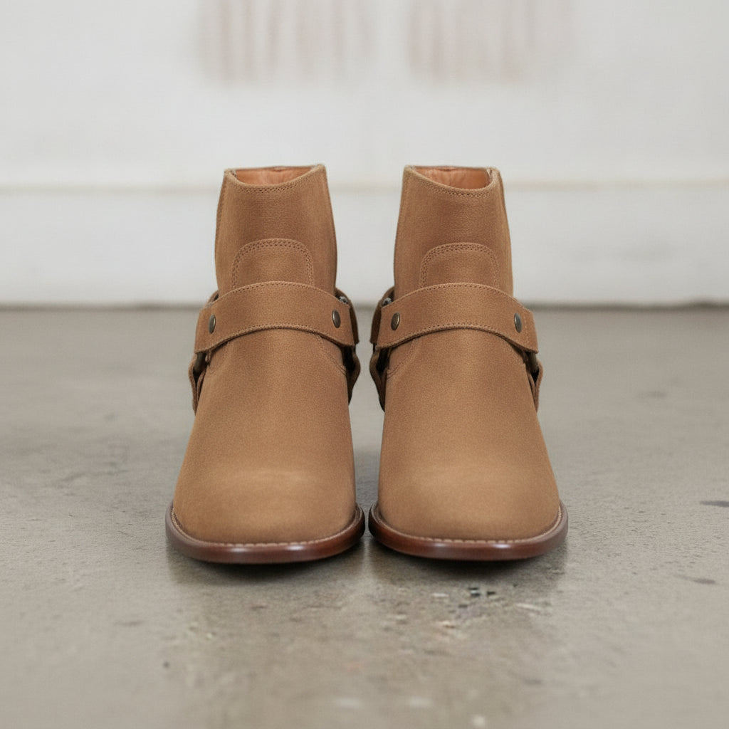 Men's Tan Plain-Toe Suede Harness Boots