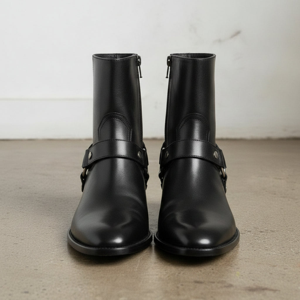 Men's Black Plain-Toe Leather Biker Boots — Livingston