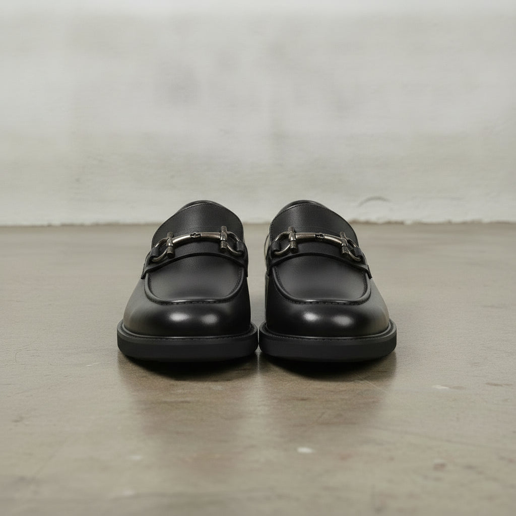 Men's Black Apron-Toe Leather Bit Loafers