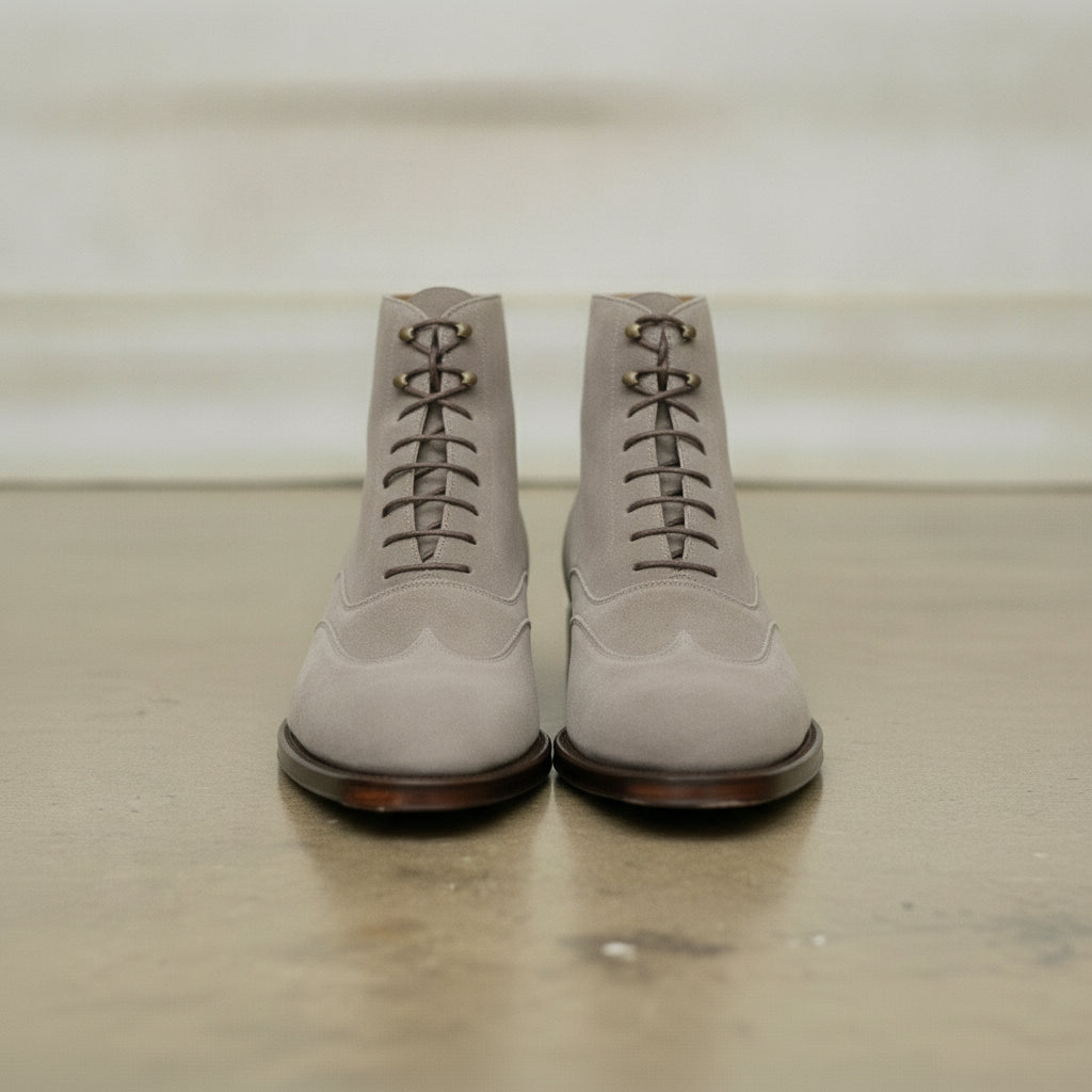 Men's Light Gray Wingtip Suede Lace-Up Ankle Boots