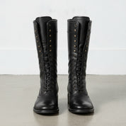 Men's Black Cap-Toe Leather Knee-High Biker Boots