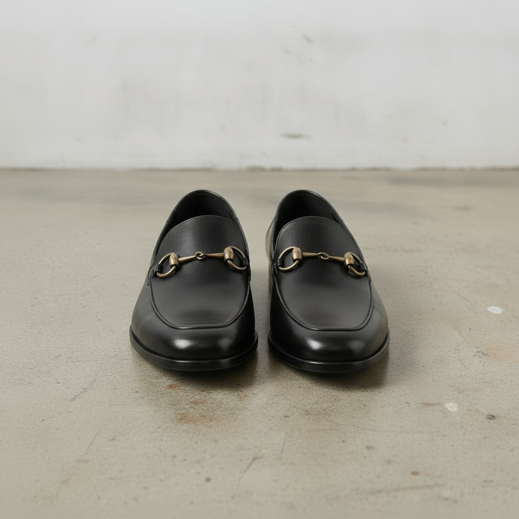 Men's Black Apron-Toe Leather Bit Loafers
