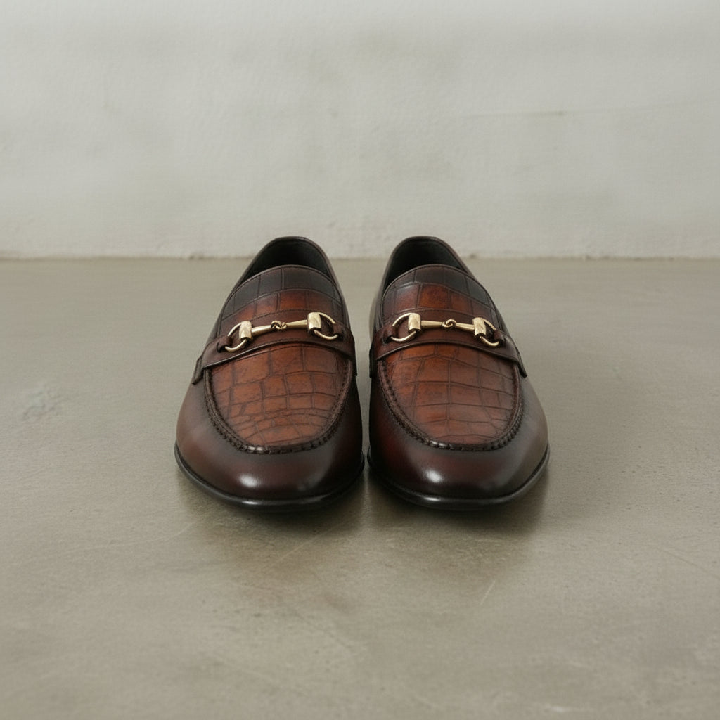Men's Brown Crocodile-Embossed Leather Bit Loafers