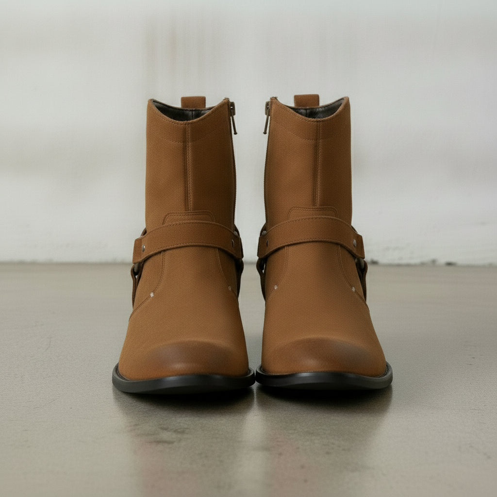 Men's Brown Plain-Toe Suede Harness Boots