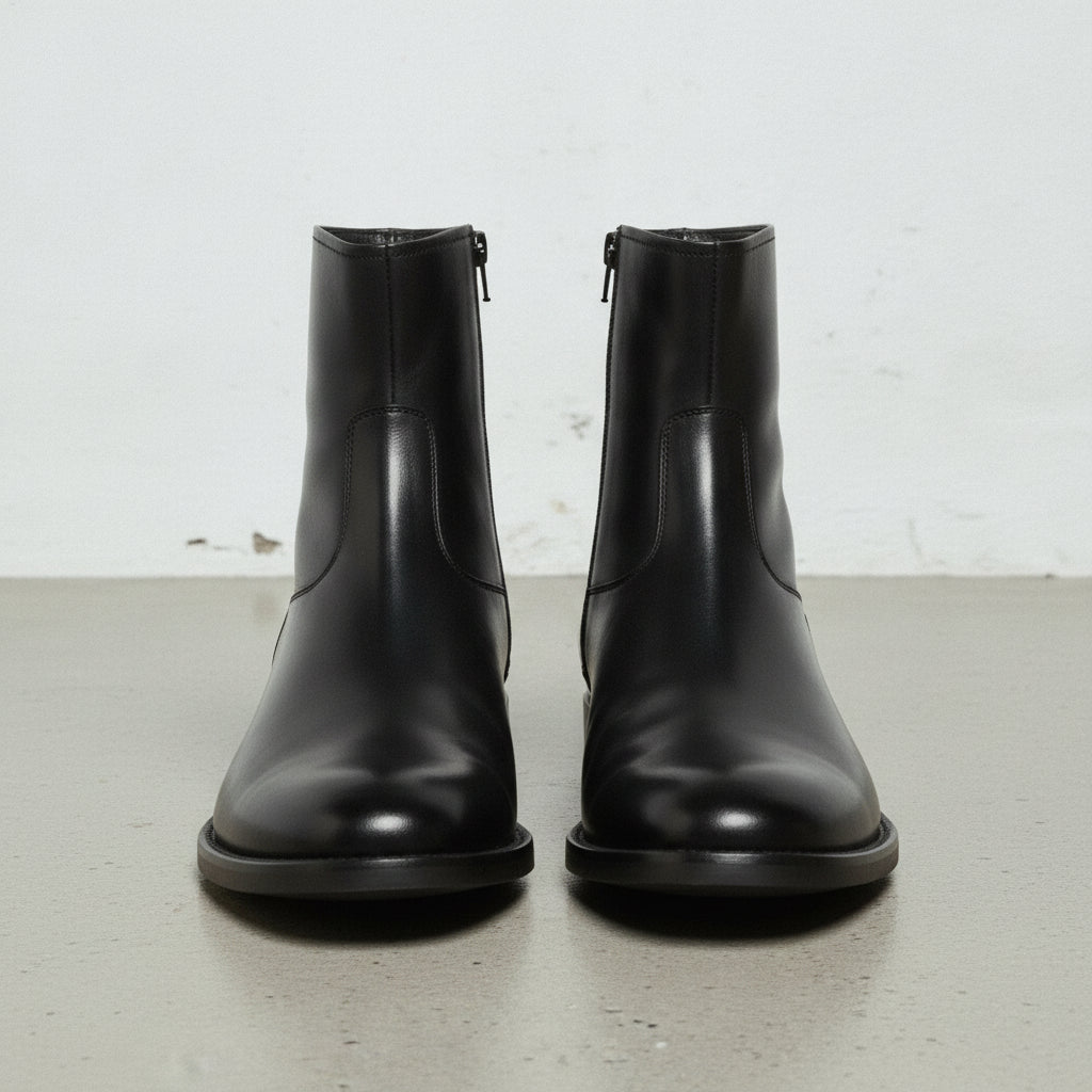 Men's Black Plain-Toe Leather Ankle Biker Boots