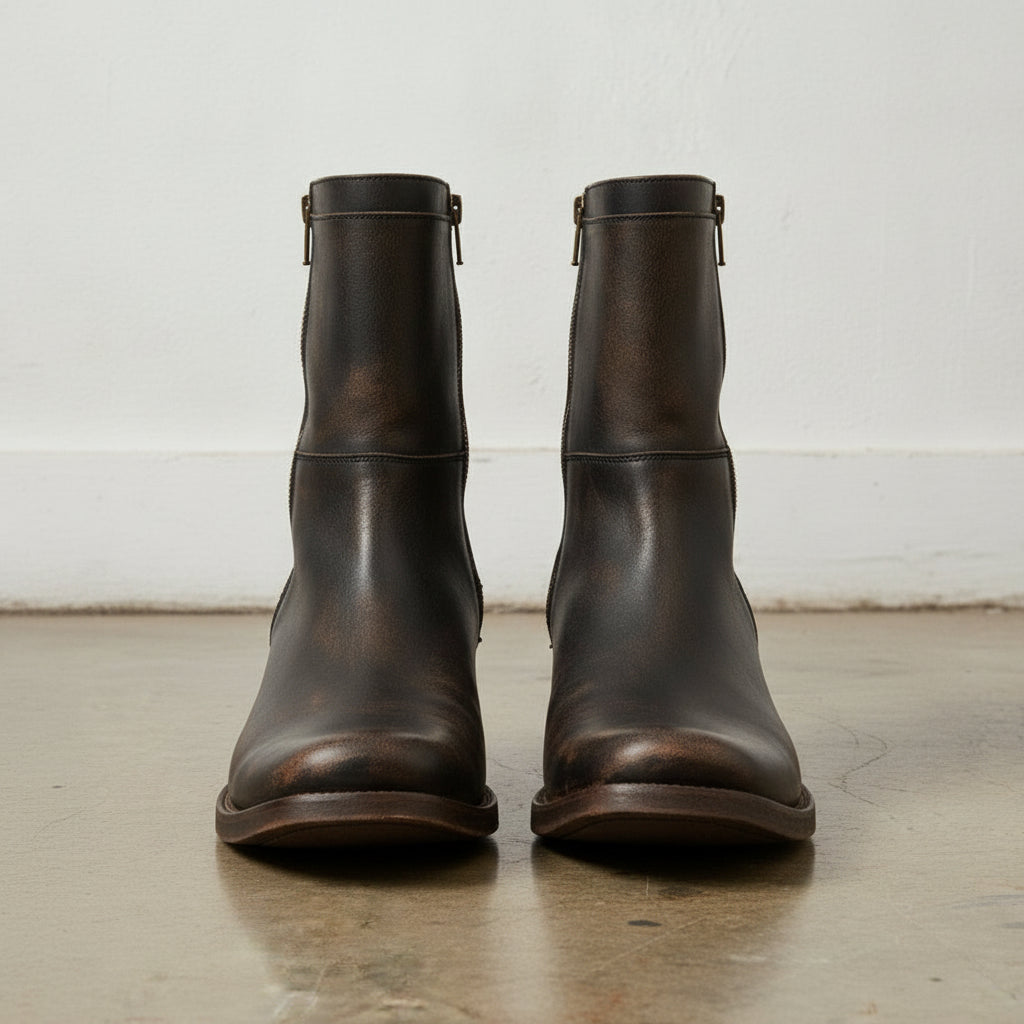 Men's Dark Brown Plain-Toe Leather Biker Boots — Nicolson — Nicolson