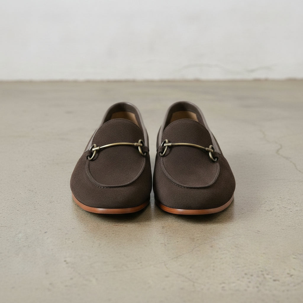 Men's Dark Brown Apron-Toe Suede Bit Loafers