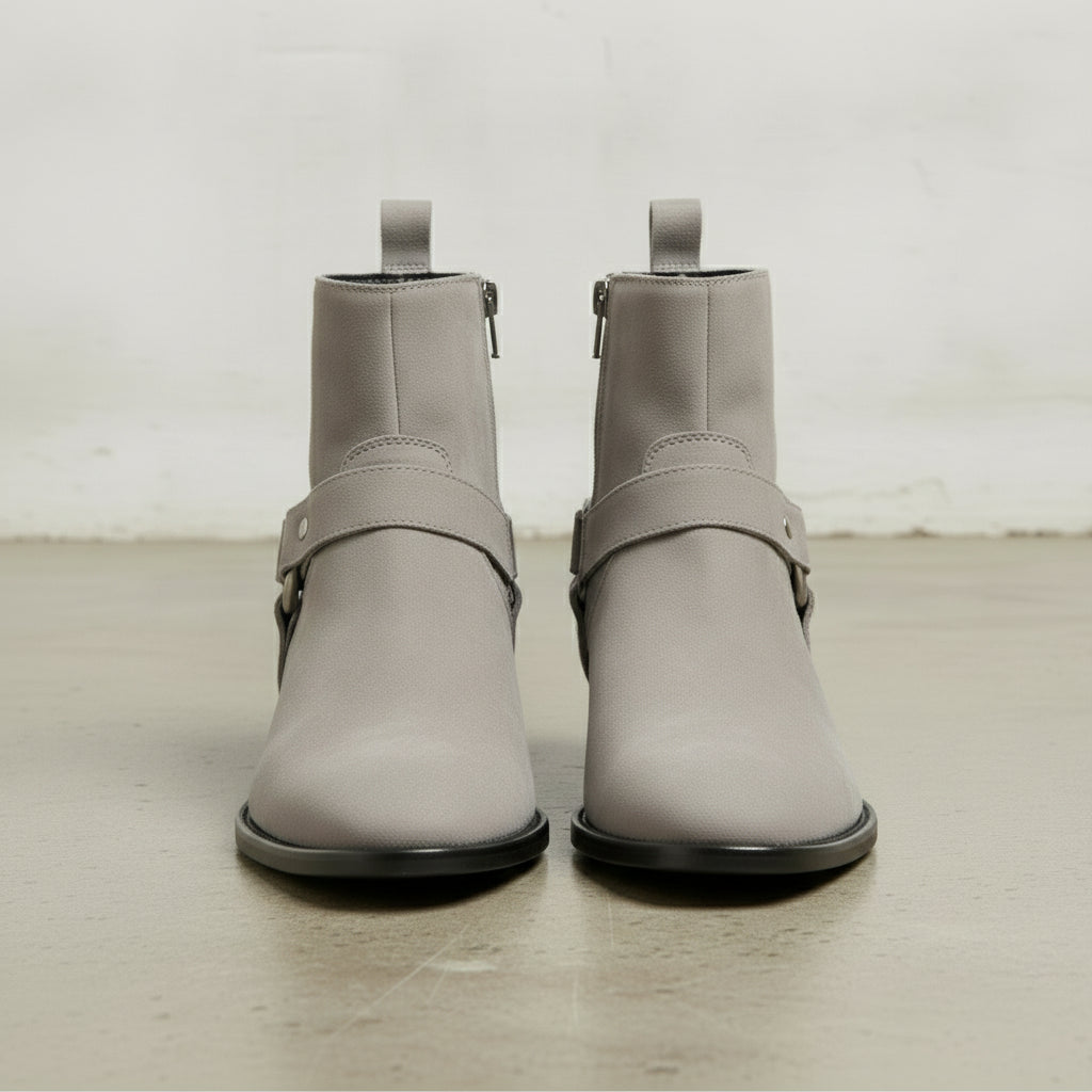 Men's Light Gray Plain-Toe Suede Biker Boots
