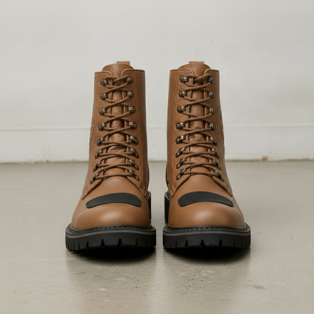 Men's Tan Plain-Toe Pebbled Leather Biker Boots