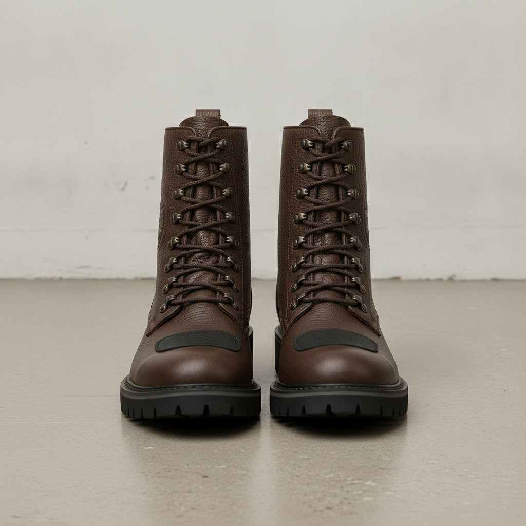 Men's Brown Plain-Toe Pebbled Leather Biker Boots