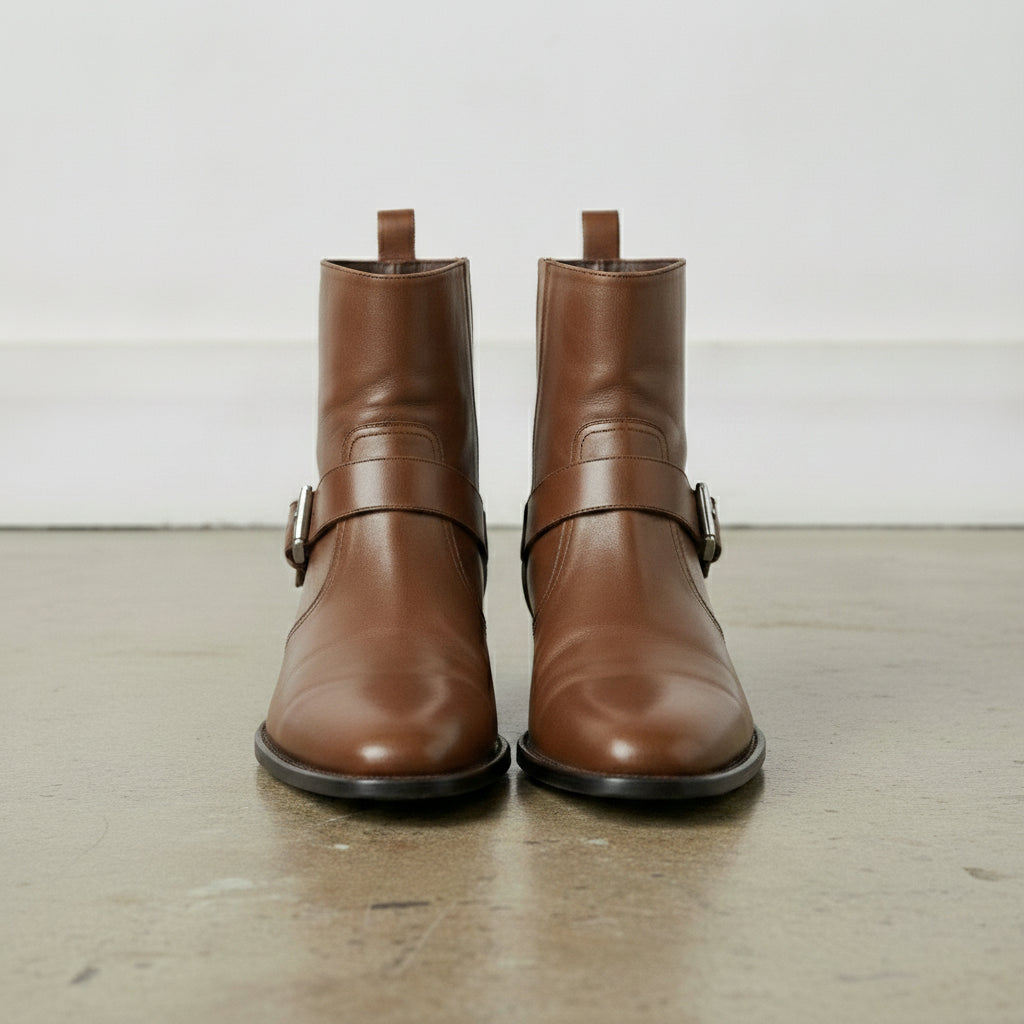Men's Brown Plain-Toe Leather Biker Boots