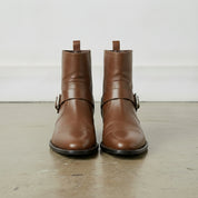 Men's Brown Plain-Toe Leather Biker Boots