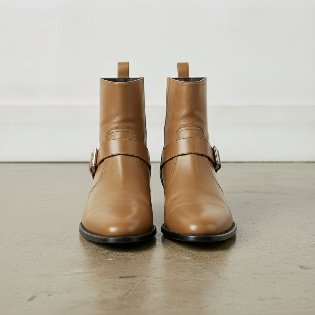 Men's Tan Plain-Toe Leather Biker Boots