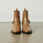 Men's Tan Plain-Toe Leather Biker Boots