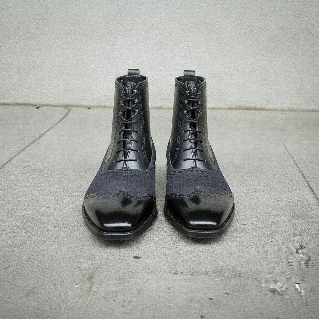 Men's Black and Dark Blue Cap-Toe Leather Ankle Boots