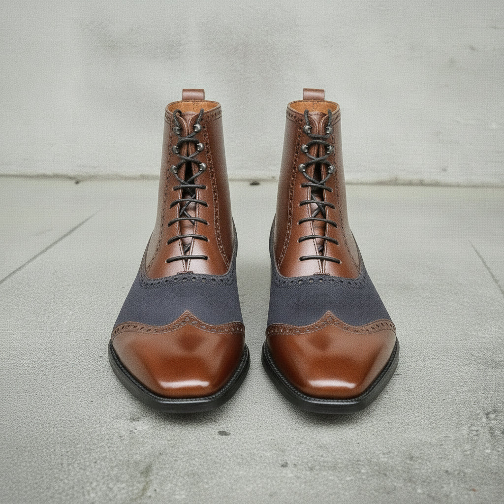 Men's Brown and Dark Blue Cap-Toe Leather Ankle Boots