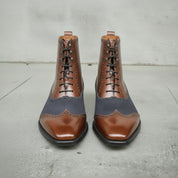 Men's Brown and Dark Blue Cap-Toe Leather Ankle Boots