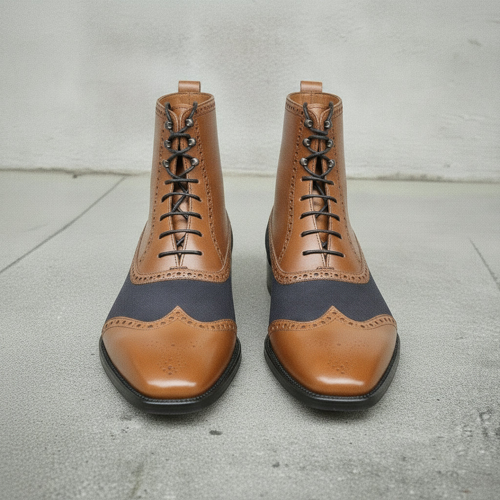 Men's Tan and Dark Blue Cap-Toe Leather Ankle Boots