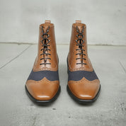 Men's Tan and Dark Blue Cap-Toe Leather Ankle Boots
