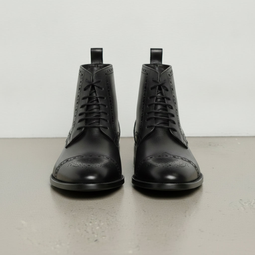 Men's Black Cap-Toe Leather Derby Boots