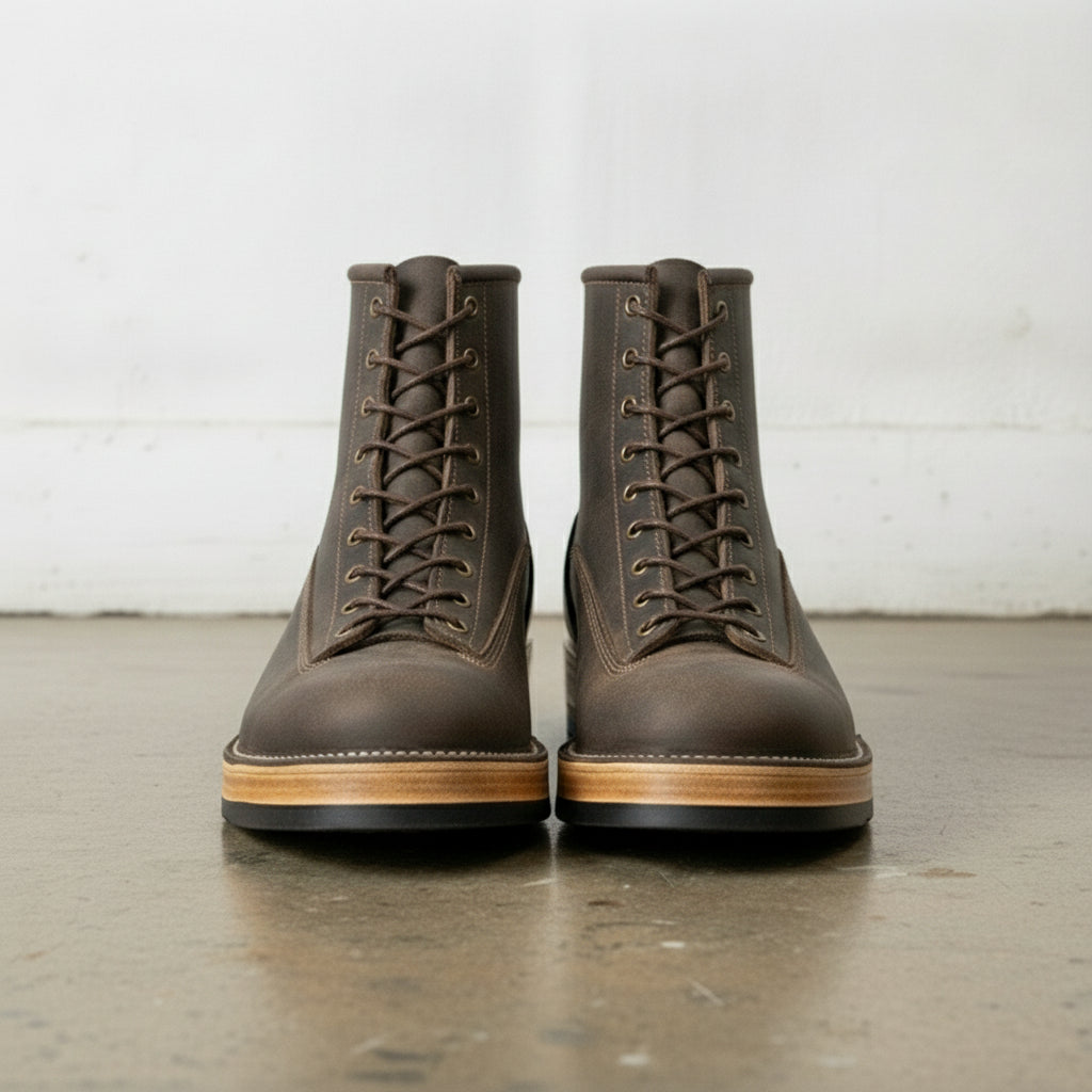 Men's Dark Brown Plain-Toe Leather Lace-Up Boots