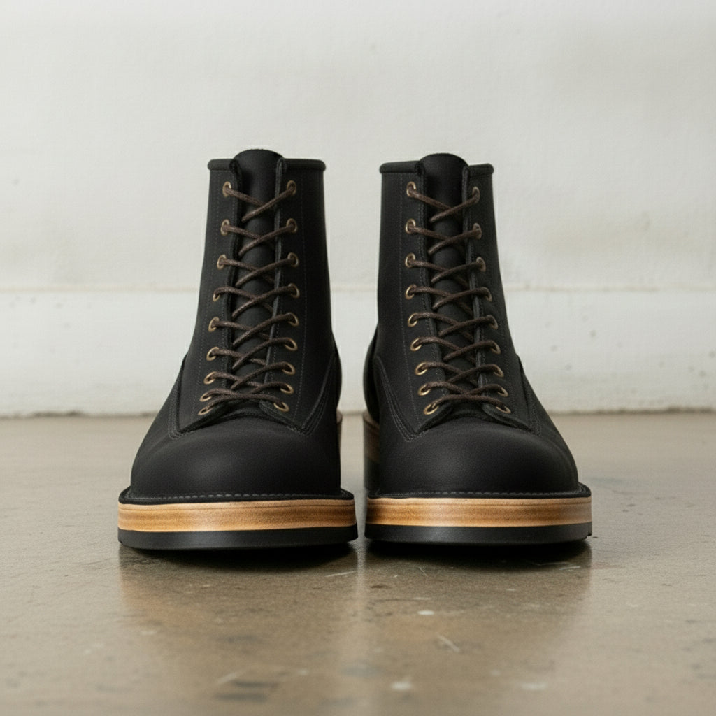 Men's Black Plain-Toe Leather Lace-Up Boots