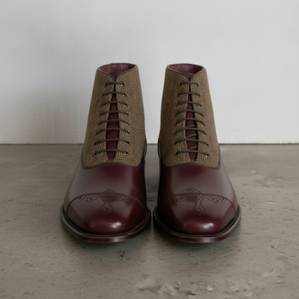 Men's Burgundy and Tan Herringbone-Embossed Leather Plain-Toe Oxford Boots