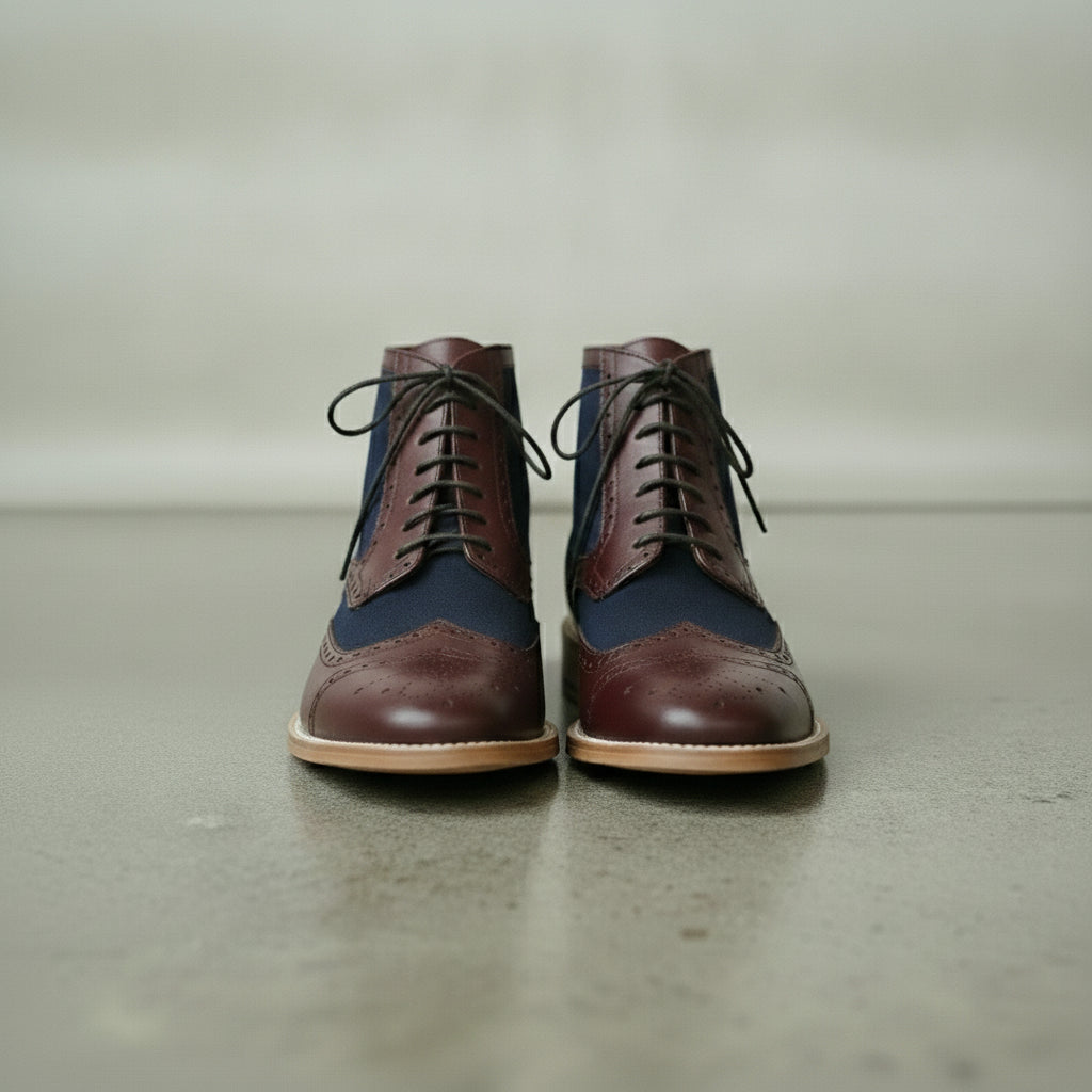 Men's Blue and Burgundy Wingtip Leather Derby Boots — Enbourne — Enbourne