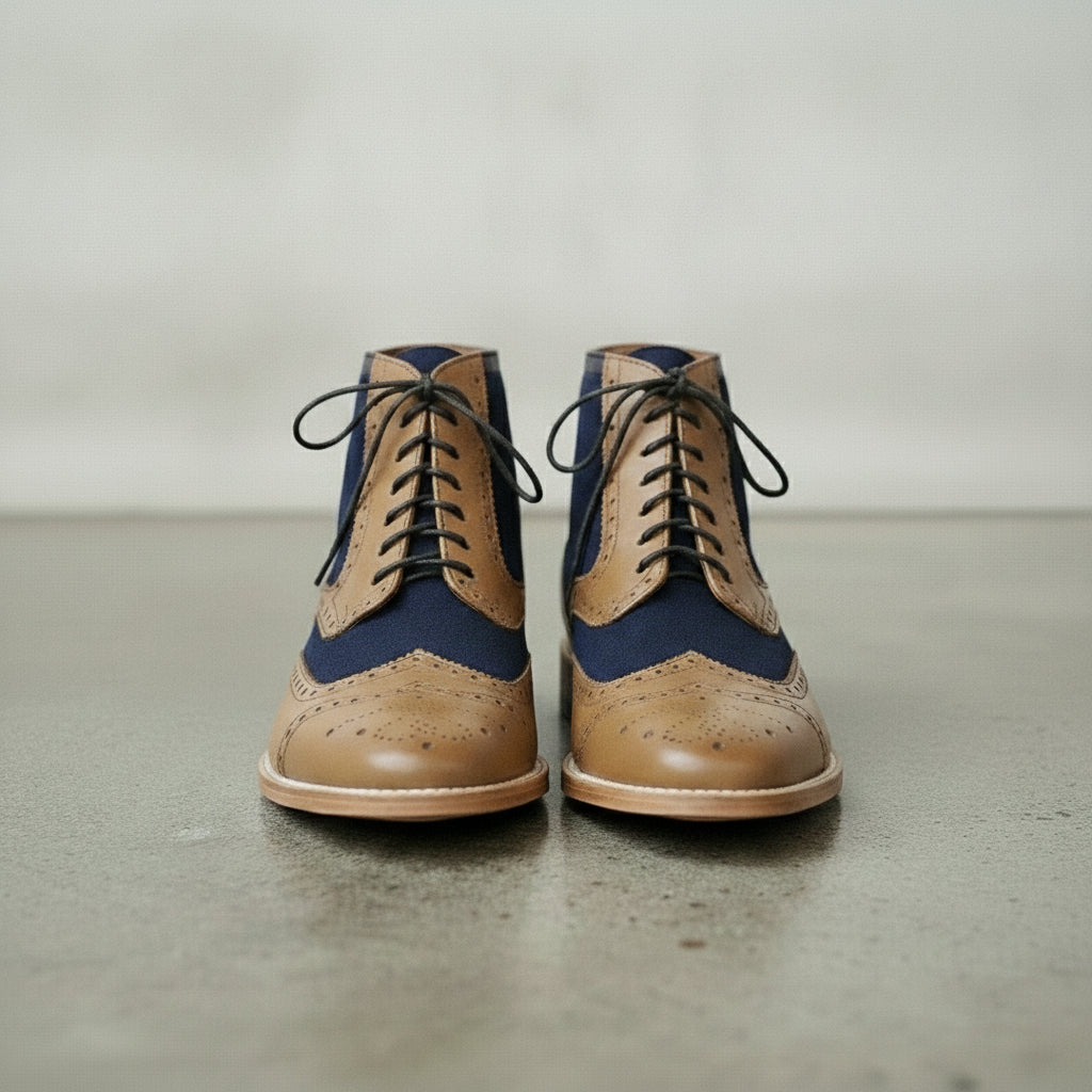 Men's Blue and Tan Wingtip Leather Derby Boots — Enbourne