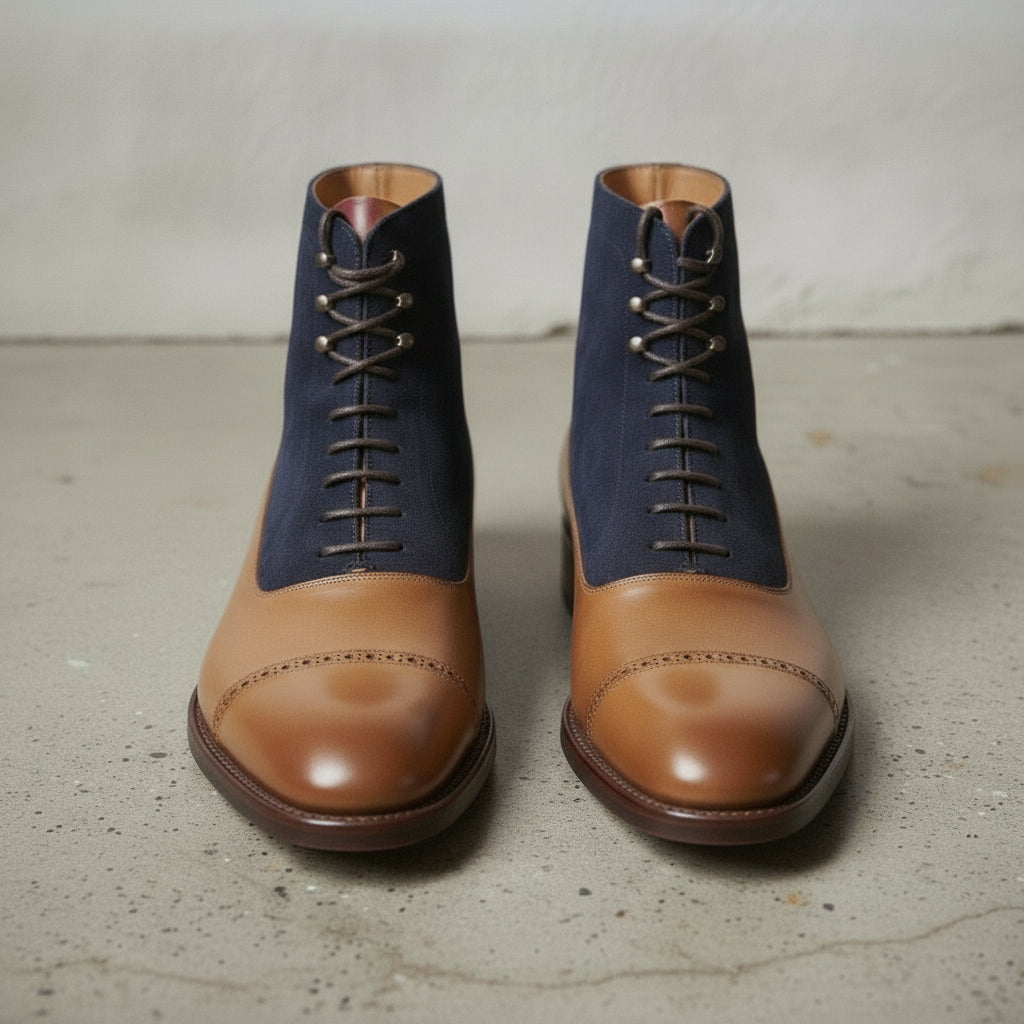 Men's Tan and Dark Blue Cap-Toe Leather Derby Boots — Smedley