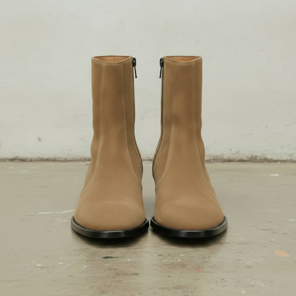 Men's Tan Plain-Toe Suede Zipper Boots