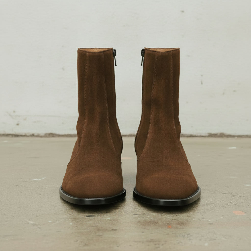Men's Brown Plain-Toe Suede Zipper Boots