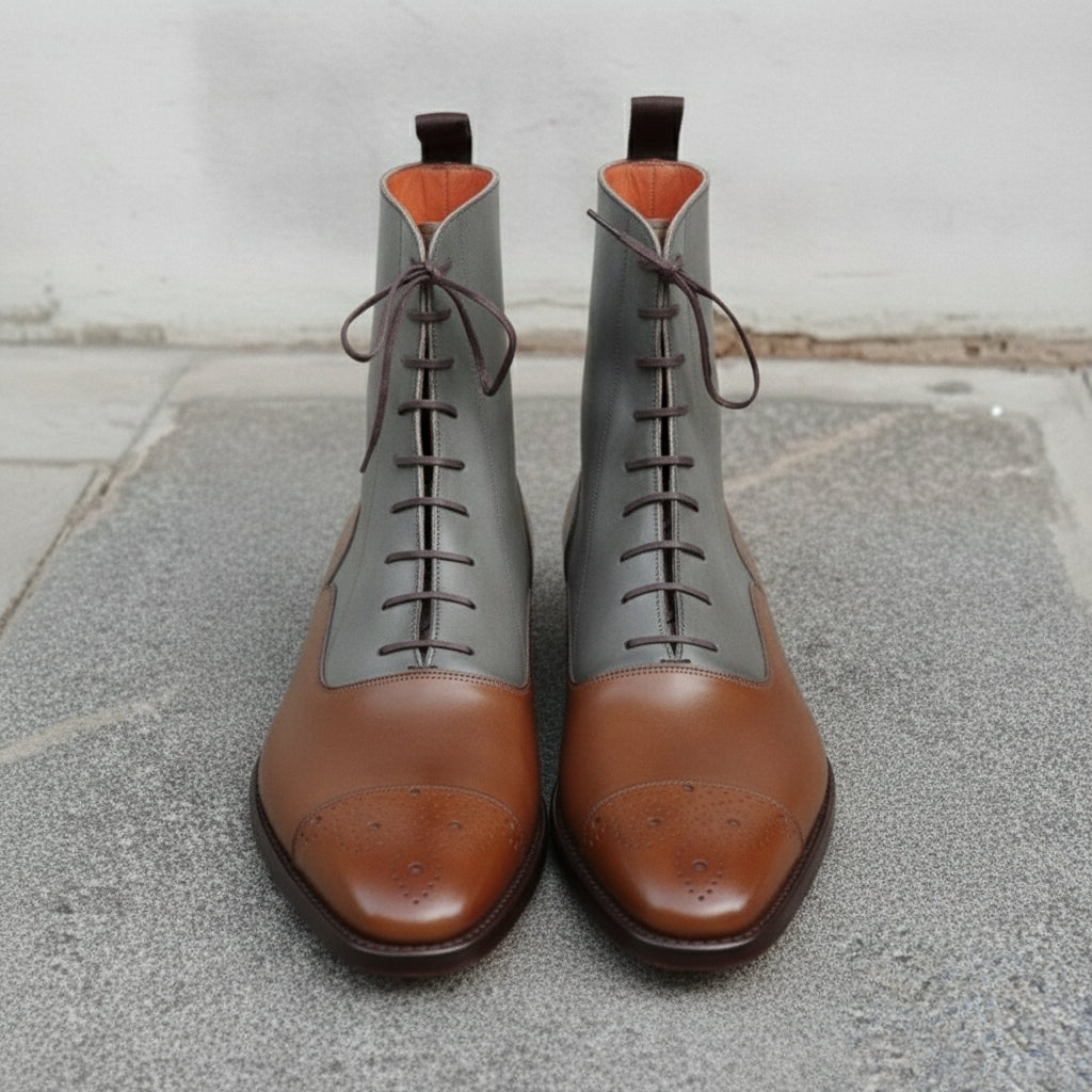 Men's Brown and Grey Plain-Toe Leather Ankle Boots — Challow